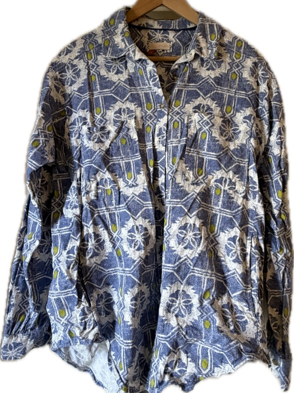 Pilcro Blue and White Printed Button-Up Shirt with Lime Accents